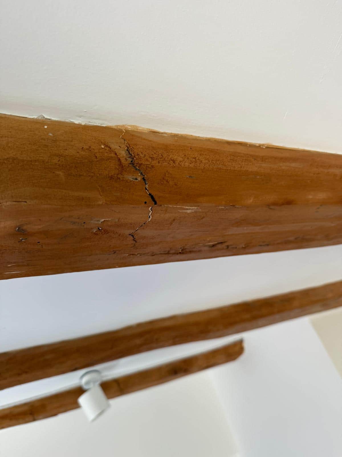 Viga de madera agrietada por el ataque de termitas