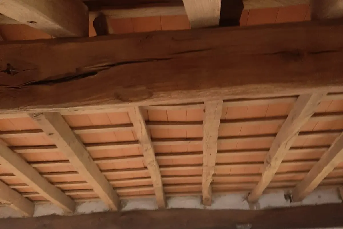 Estructura de vigas de madera restaurada tras tratar la plaga, lista para acometer la reforma con tranquilidad