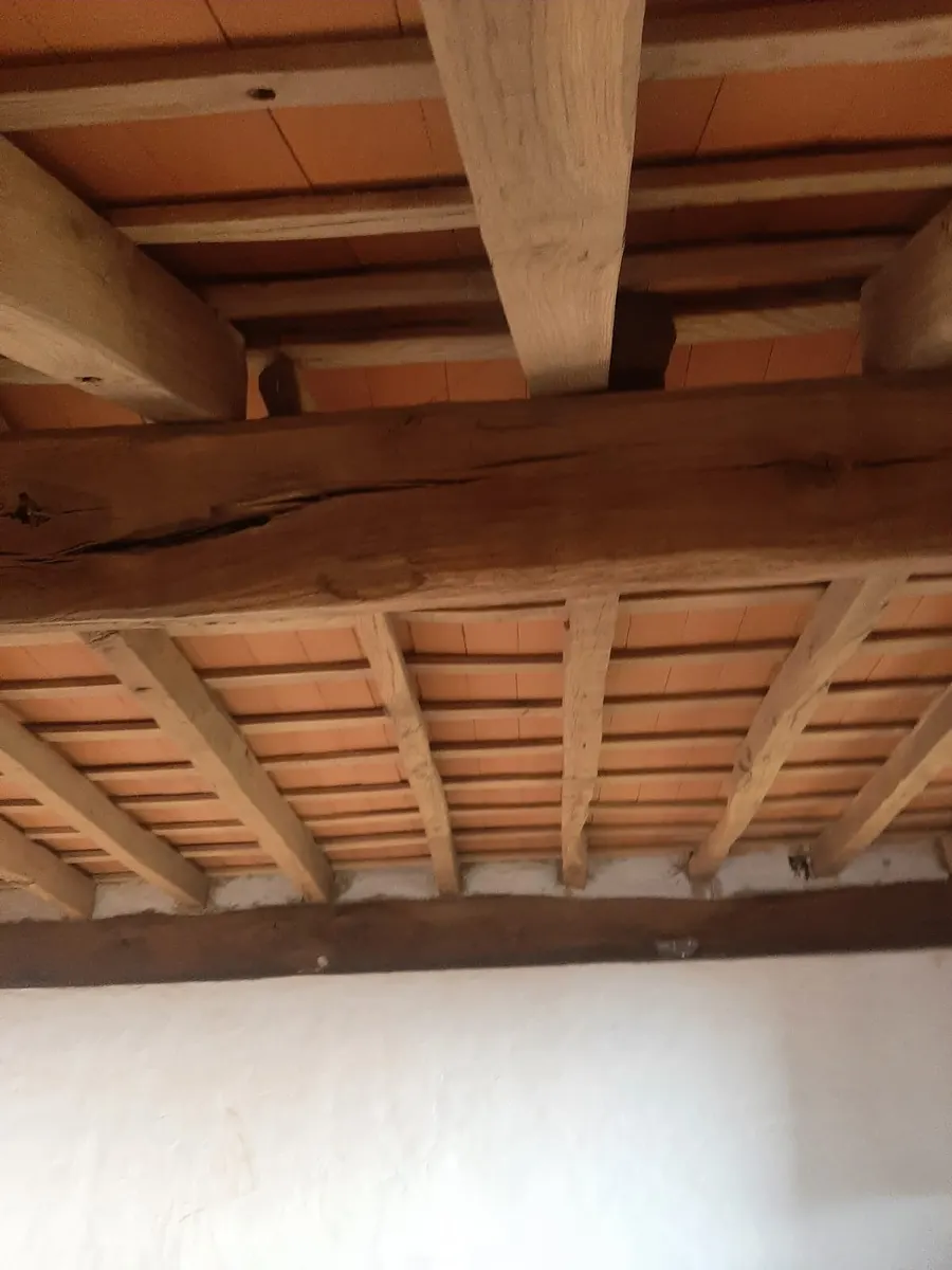 Wooden beams and clay-tile ceiling after stripping and cleaning, ready for injection and fumigation against woodworm